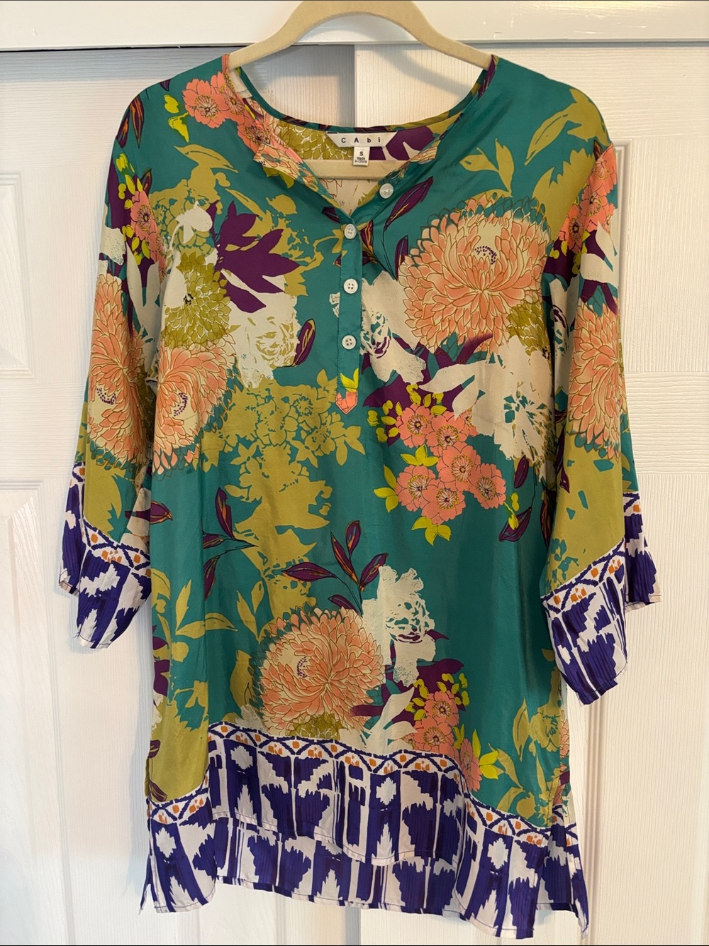 CAbi Teal Floral Tunic 100% Silk Small
